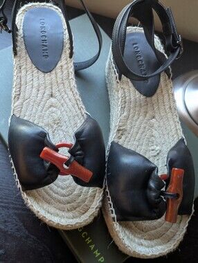 New With Box Longchamp Black Leather Espadrille Sandals with Brown Toggle Accent